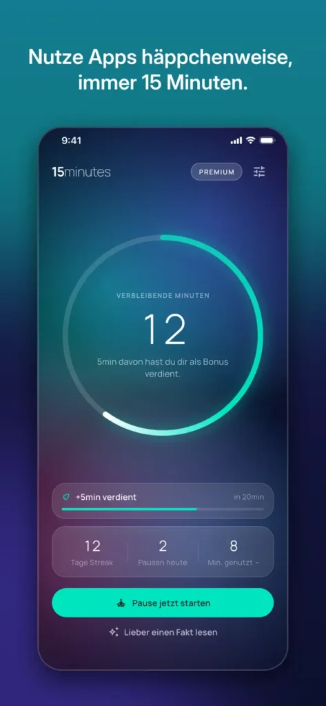 Screenshot der App 15minutes: verbleibende Minuten
