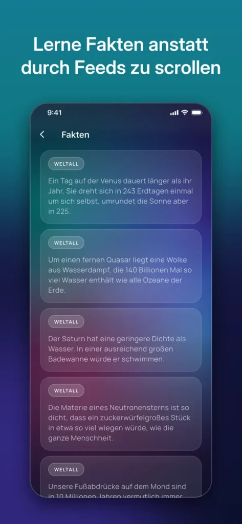 Screenshot der App 15minutes: Fakten statt Feed