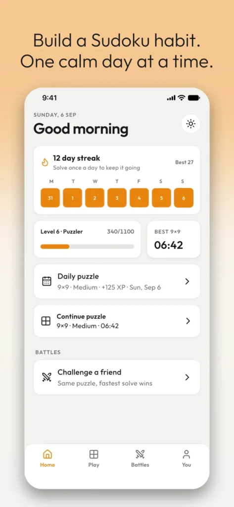Screenshot der App Better Sudoku: Startseite mit Tagesrätsel