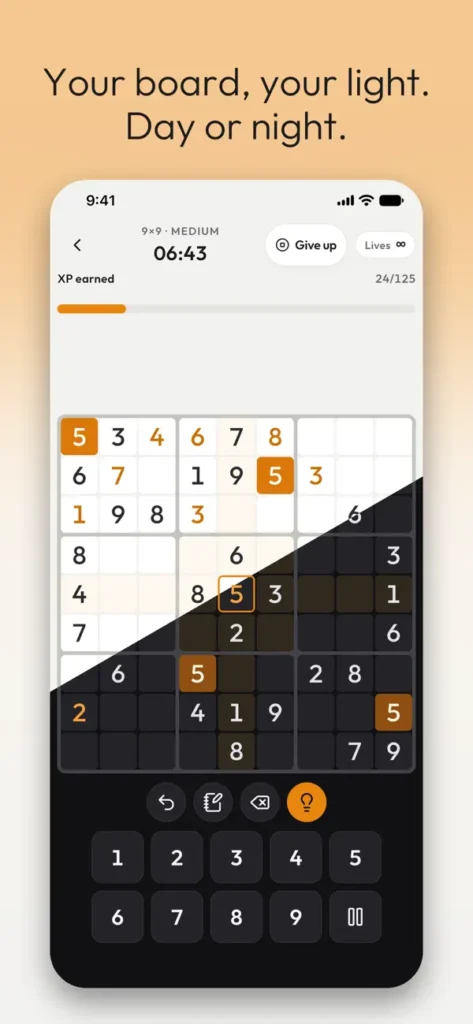 Screenshot der App Better Sudoku: Spielbrett hell und dunkel