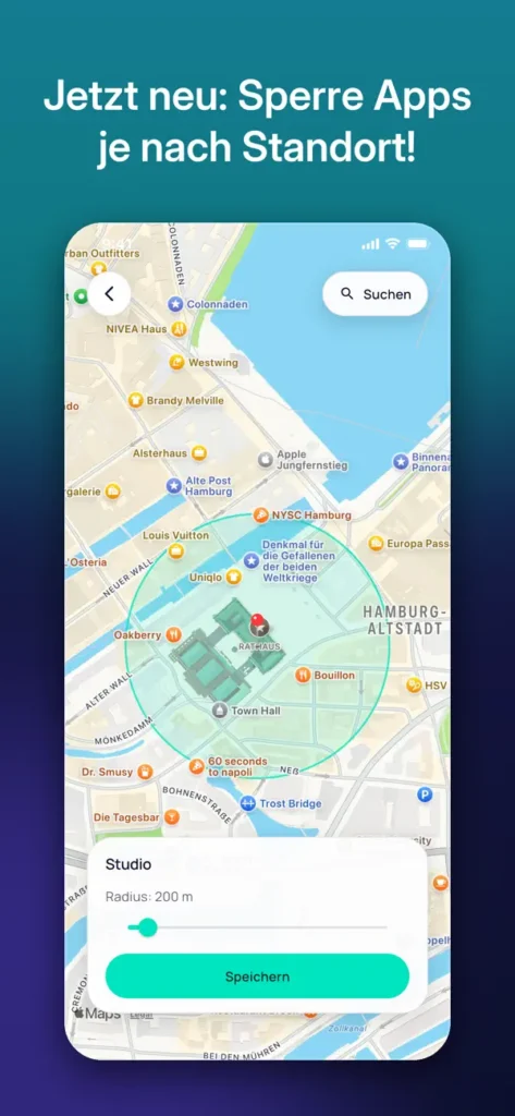 Screenshot der App 15minutes: Apps je nach Standort sperren